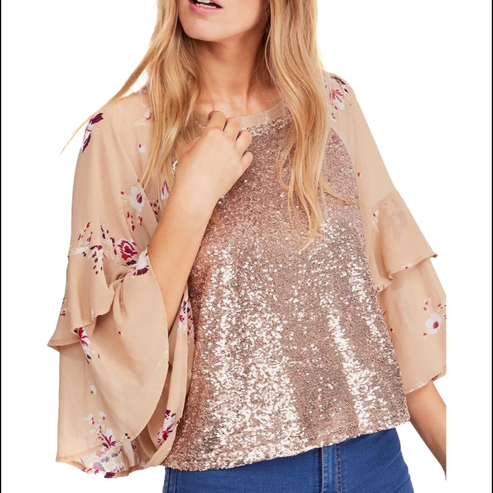 Free People Floral Sequin Blouse